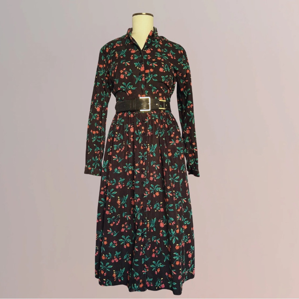 VINTAGE Talbots Long Sleeve Red and Green Floral Print on Black Corduroy Dress